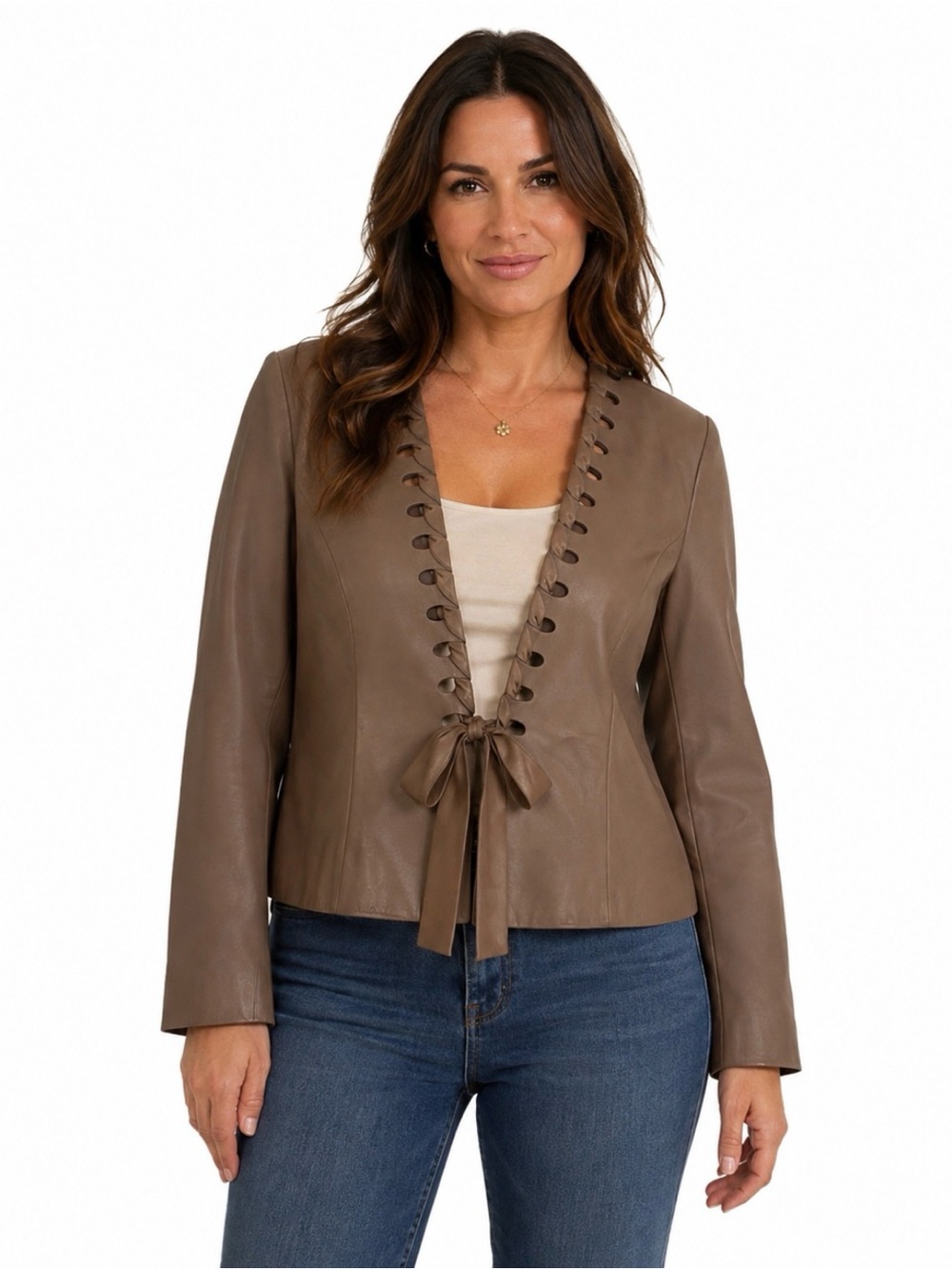Carlisle Leather Jacket Luxury Soft Collarless Open Front Tie Sash Taupe Size 10